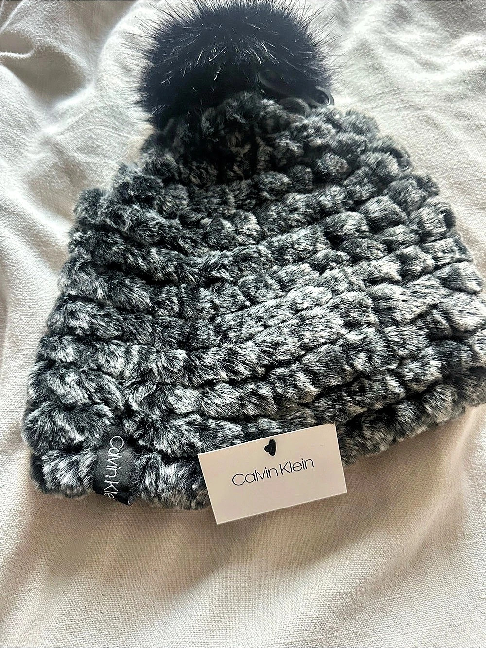 Calvin Klein Faux Fur Pom Beanie Gray & Black